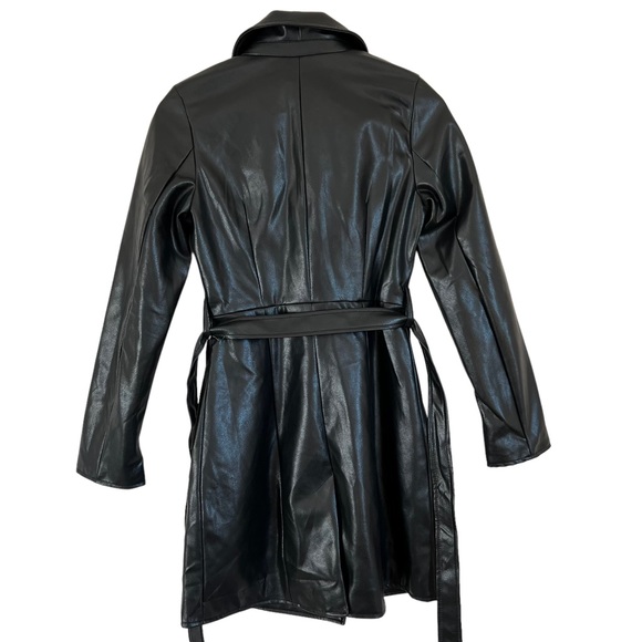 H&M Black Leather Double Breasted Belted Trench Coat Womens Size XS - Picture 7 of 10